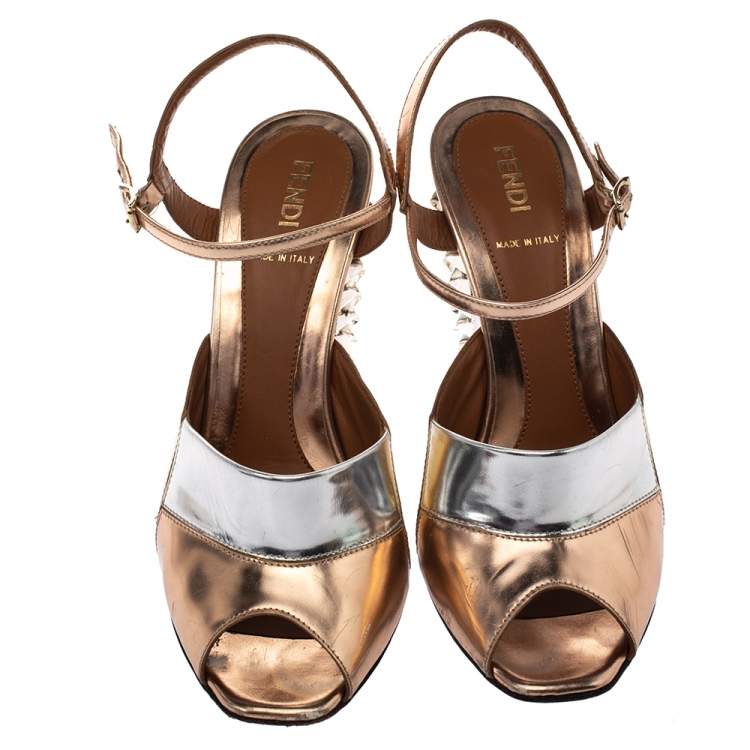 Pre Owned Fendi Metallic Multicolor Leather Polifonia Ankle Strap Sandals Size 37