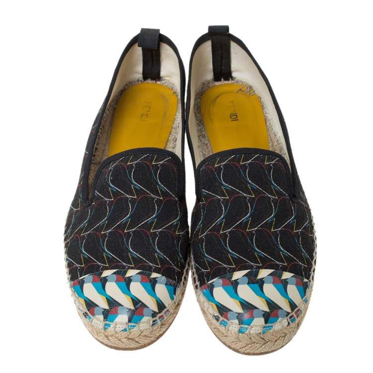 Pre Owned Fendi Multicolor Printed Canvas and Leather Cap Toe Flat Espadrilles Size 38.5