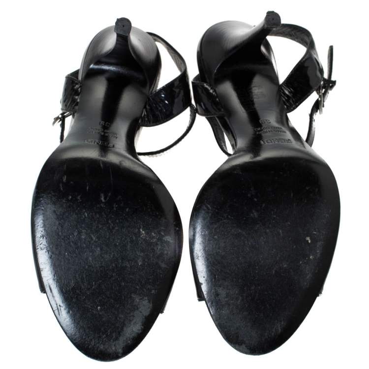 Pre Owned Fendi Black Patent Leather Tortoise B Buckle Ankle Strap Sandals Size 39