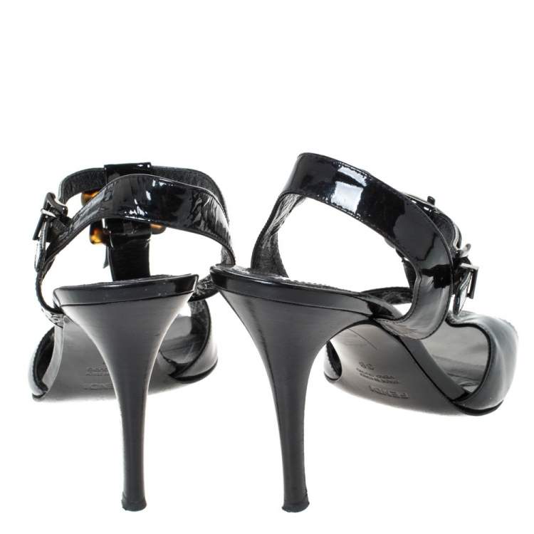 Pre Owned Fendi Black Patent Leather Tortoise B Buckle Ankle Strap Sandals Size 39