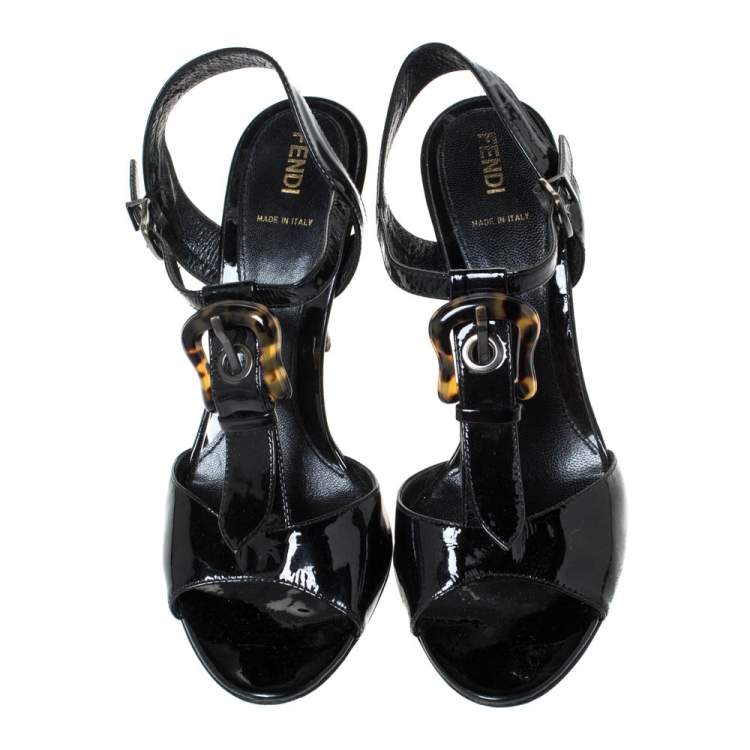 Pre Owned Fendi Black Patent Leather Tortoise B Buckle Ankle Strap Sandals Size 39