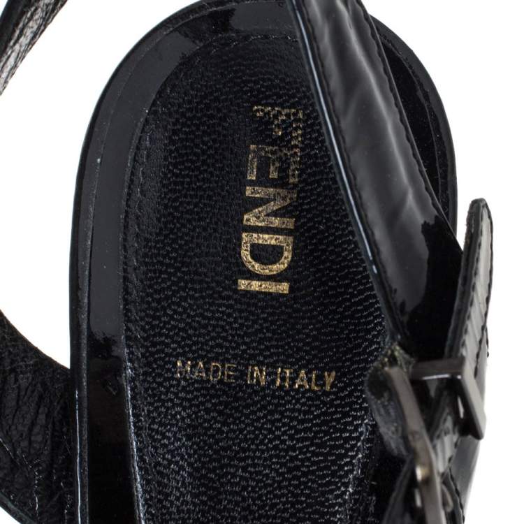 Pre Owned Fendi Black Patent Leather Tortoise B Buckle Ankle Strap Sandals Size 39