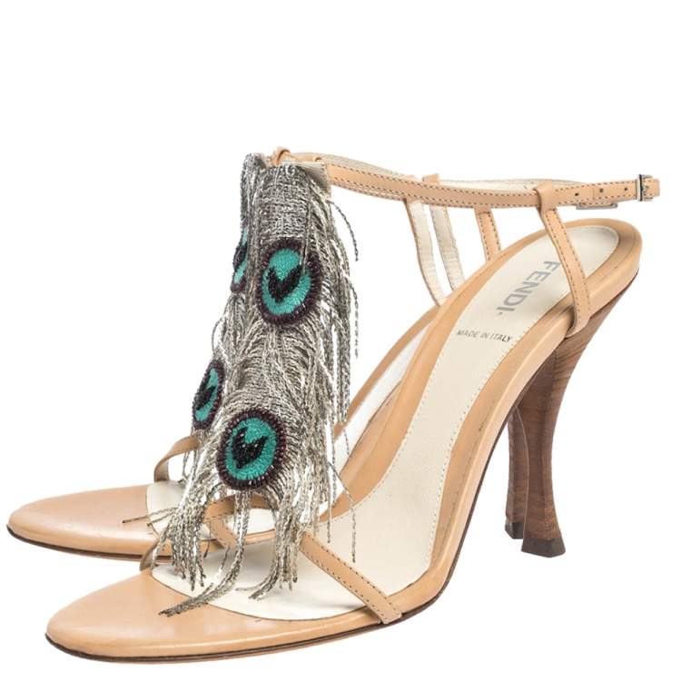 Pre Owned Fendi Beige Leather Metal Peacock Feather T Strap Sandals Size 38