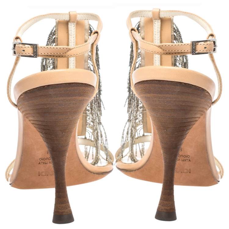 Pre Owned Fendi Beige Leather Metal Peacock Feather T Strap Sandals Size 38