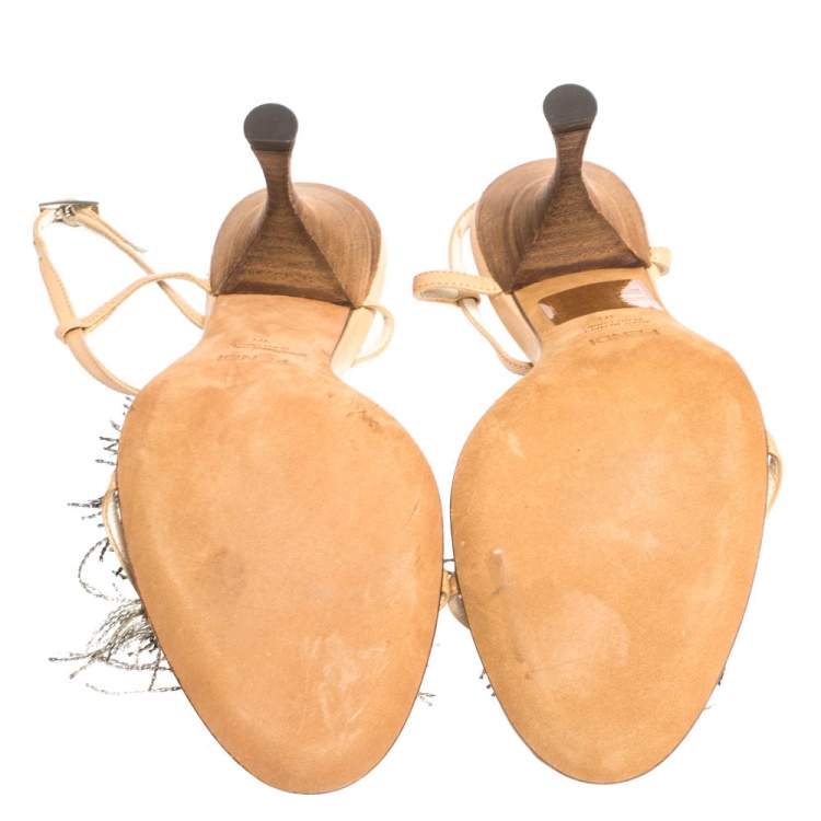 Pre Owned Fendi Beige Leather Metal Peacock Feather T Strap Sandals Size 38