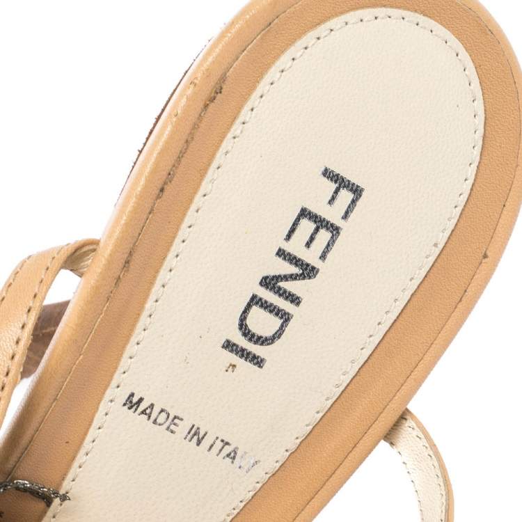 Pre Owned Fendi Beige Leather Metal Peacock Feather T Strap Sandals Size 38
