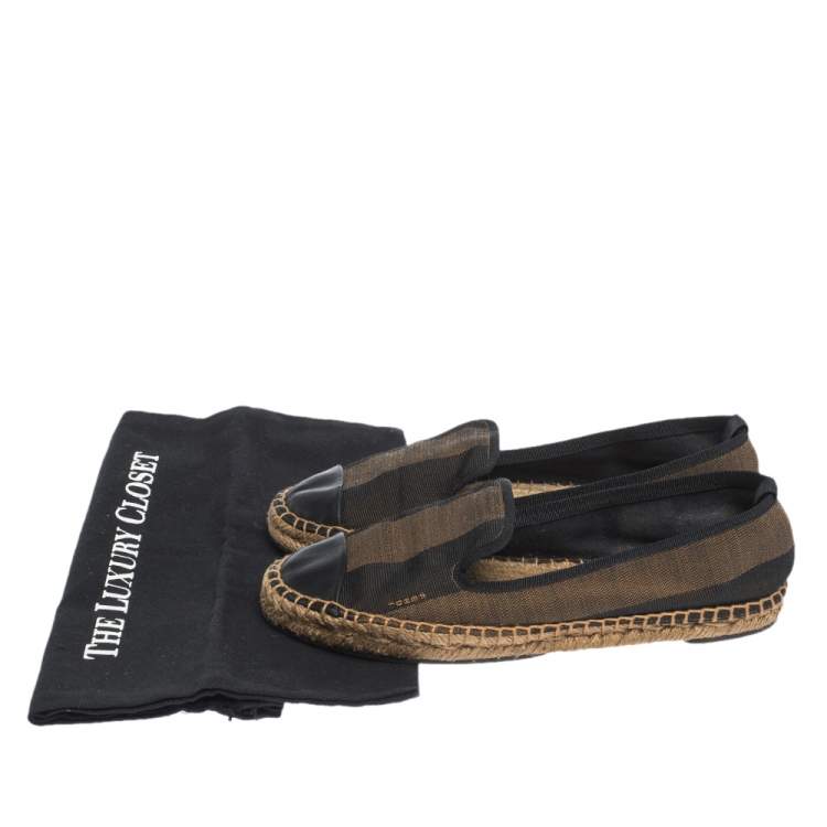 Pre Owned Fendi Brown Peqiun Striped Canvas and Blue Leather Cap Toe Espadrilles Size 40