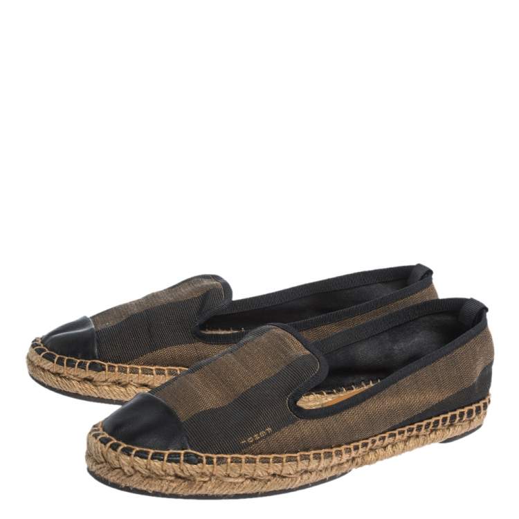Pre Owned Fendi Brown Peqiun Striped Canvas and Blue Leather Cap Toe Espadrilles Size 40