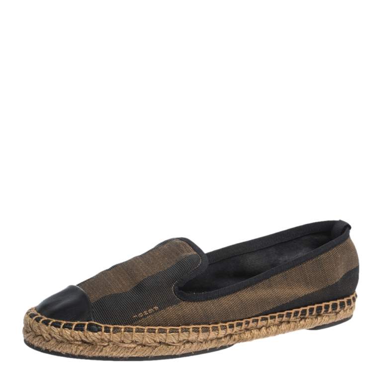 Pre Owned Fendi Brown Peqiun Striped Canvas and Blue Leather Cap Toe Espadrilles Size 40