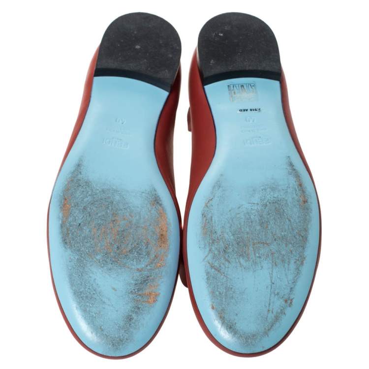 Pre Owned Fendi Brick Red Leather Ruffle Ballet Flats Size 40