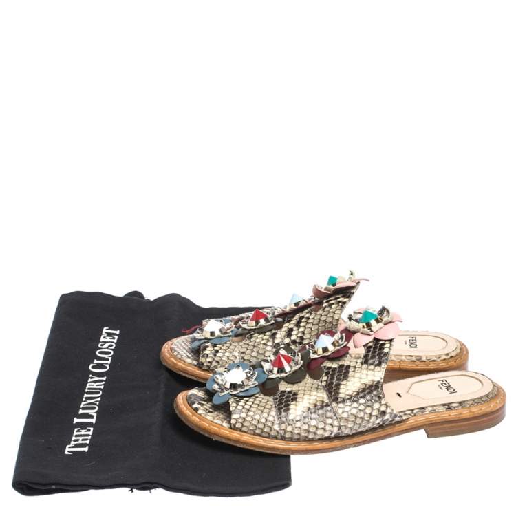 Pre Owned Fendi  Beige/Brown Python Leather Flowerland Embellished Flat Slides Size 35
