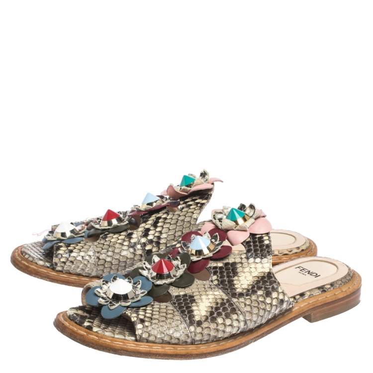 Pre Owned Fendi  Beige/Brown Python Leather Flowerland Embellished Flat Slides Size 35