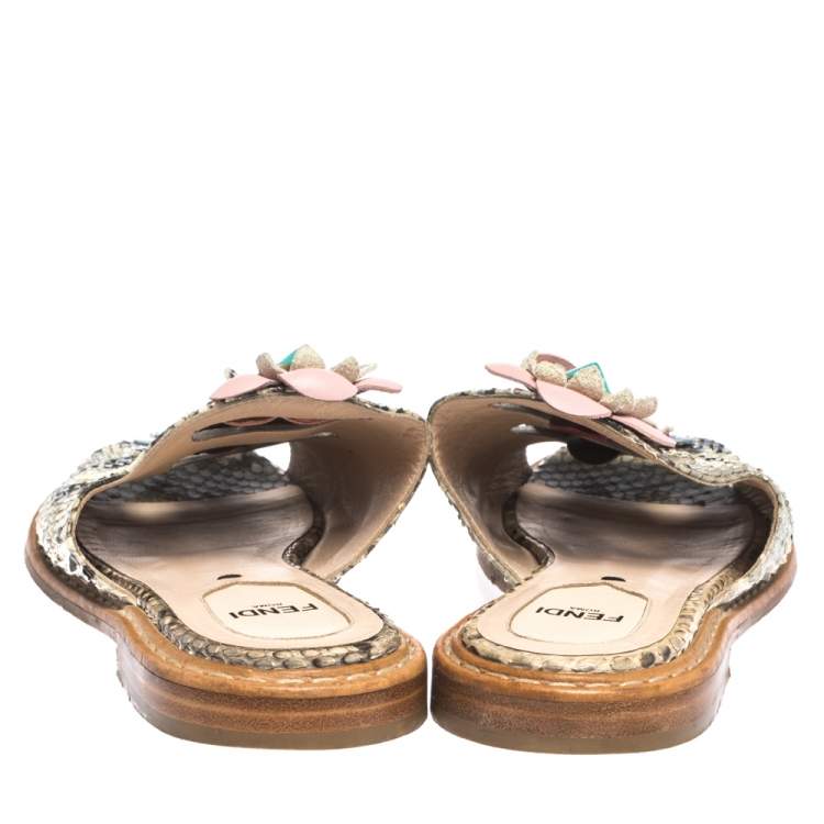 Pre Owned Fendi  Beige/Brown Python Leather Flowerland Embellished Flat Slides Size 35