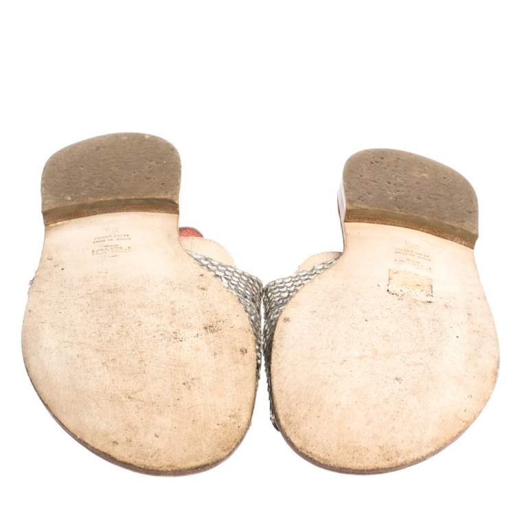 Pre Owned Fendi  Beige/Brown Python Leather Flowerland Embellished Flat Slides Size 35