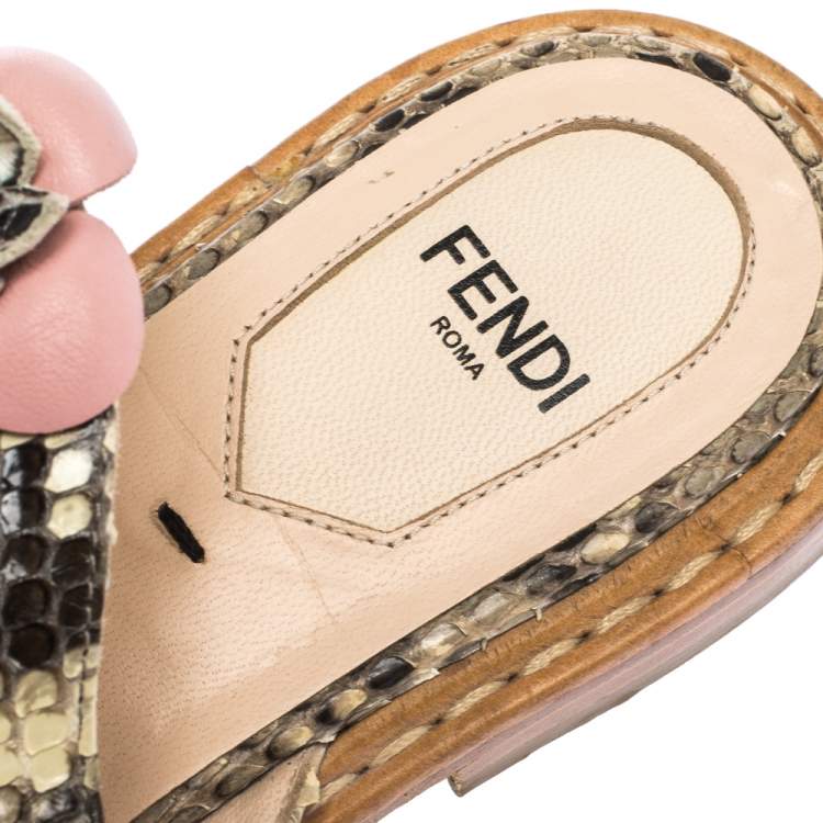 Pre Owned Fendi  Beige/Brown Python Leather Flowerland Embellished Flat Slides Size 35