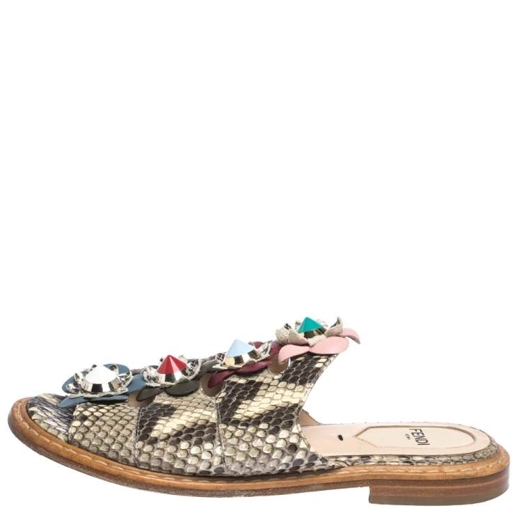 Pre Owned Fendi  Beige/Brown Python Leather Flowerland Embellished Flat Slides Size 35