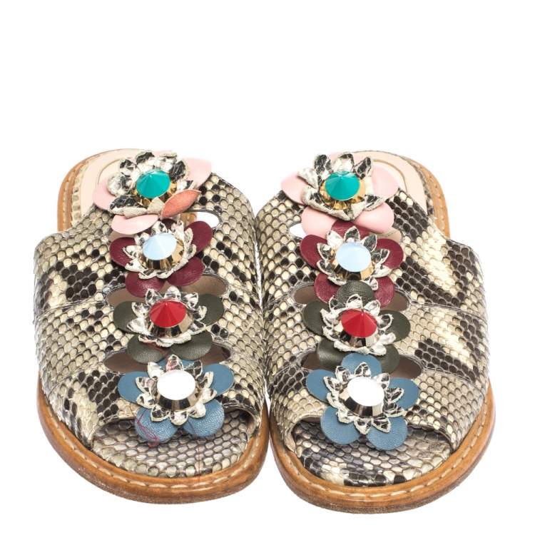 Pre Owned Fendi  Beige/Brown Python Leather Flowerland Embellished Flat Slides Size 35