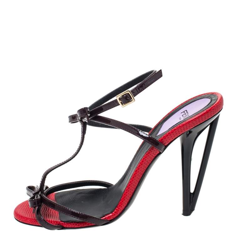 Pre Owned Fendi Dark Purple Patent Leather Iridia Bow Slingback Sandals Size 37.5