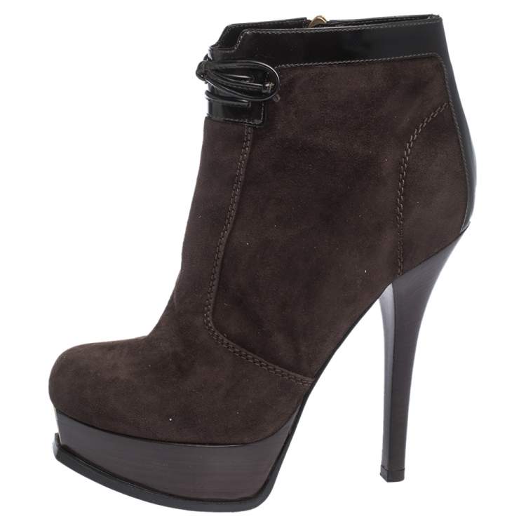 Pre Owned Fendi Brown Suede and Leather Fendista Platform Ankle Boots Size 39