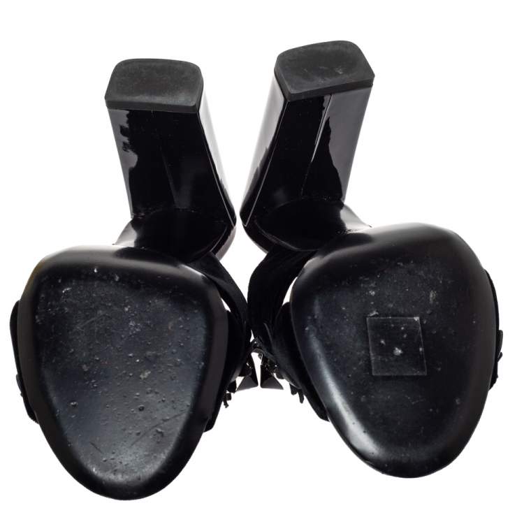 Pre Owned Fendi Black Velvet and Patent Leather Floral Applique Crisscross Sandals Size 38