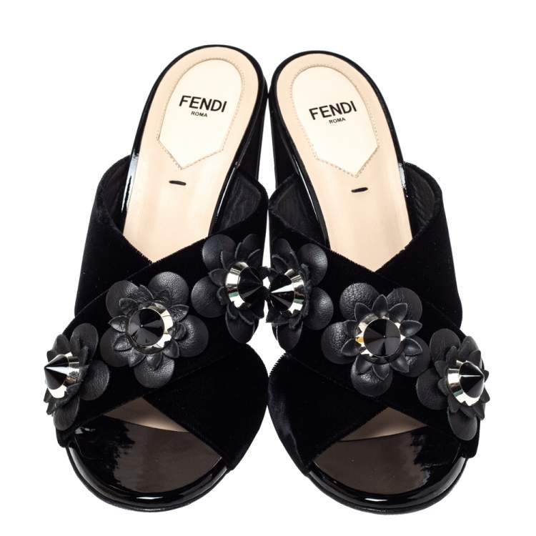 Pre Owned Fendi Black Velvet and Patent Leather Floral Applique Crisscross Sandals Size 38