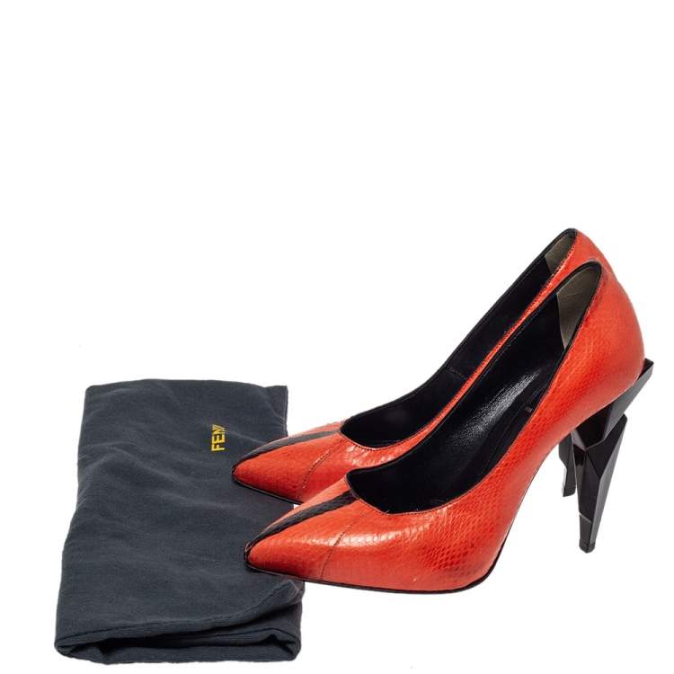 Pre Owned Fendi Orange Python Leather Diamond Heel Pumps Size 38.5 