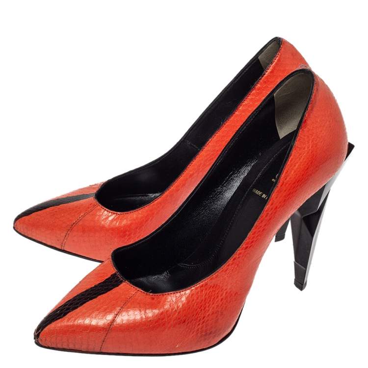 Pre Owned Fendi Orange Python Leather Diamond Heel Pumps Size 38.5 
