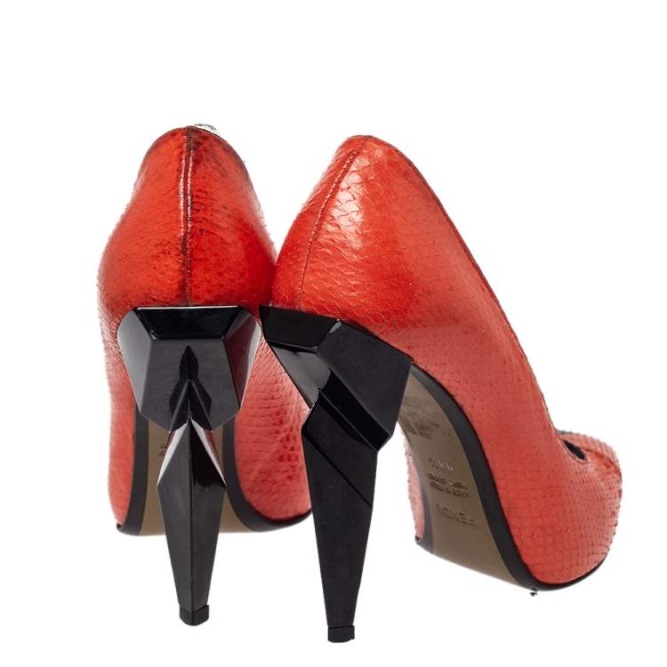 Pre Owned Fendi Orange Python Leather Diamond Heel Pumps Size 38.5 