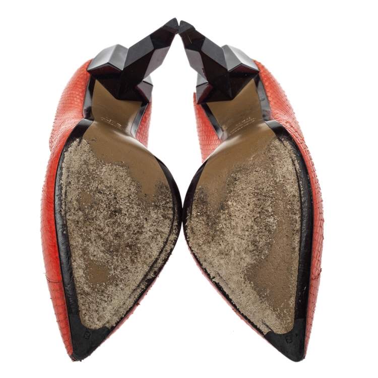 Pre Owned Fendi Orange Python Leather Diamond Heel Pumps Size 38.5 