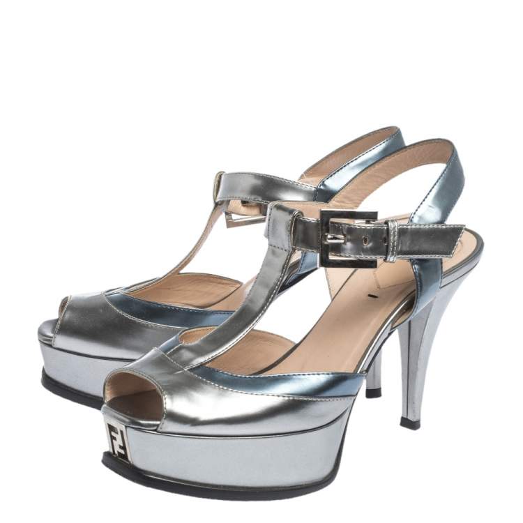 Pre Owned Fendi Metallic Silver/Blue Fendista Platform T-Bar Ankle Strap Sandals Size 37
