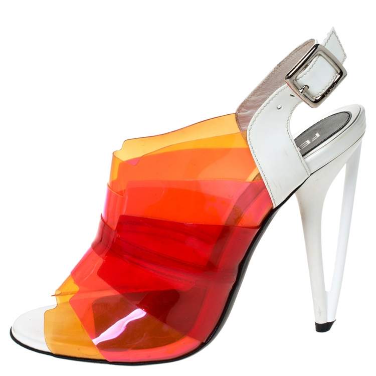 Pre Owned Fendi Multicolor PVC And White Patent Slingback Sandals Size 38