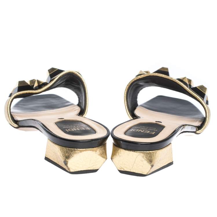 Pre Owned Fendi Gold Leather Studded Open Toe Flat Slides Size 38