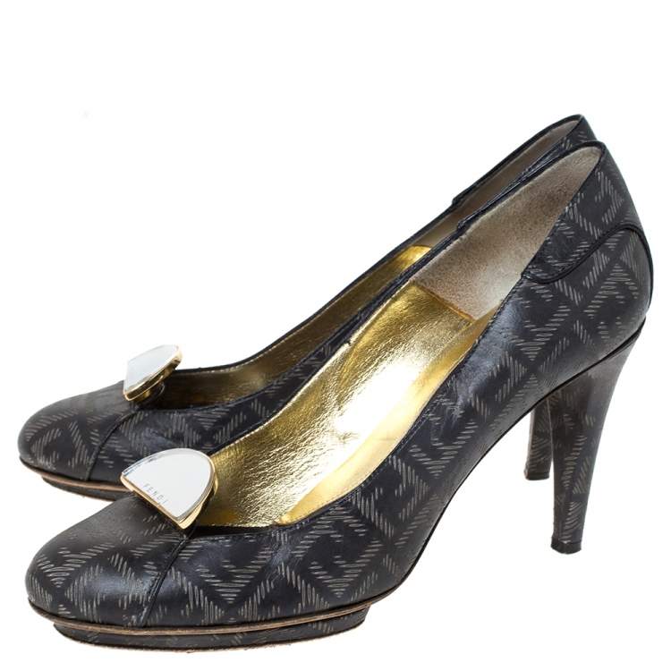 Pre Owned Fendi Dark Grey FF Engraved Leather Mirror Logo Embellished Platform Pumps Size 38.5
