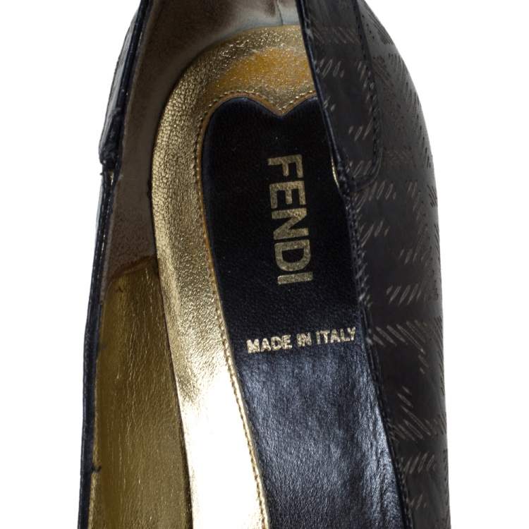 Pre Owned Fendi Dark Grey FF Engraved Leather Mirror Logo Embellished Platform Pumps Size 38.5