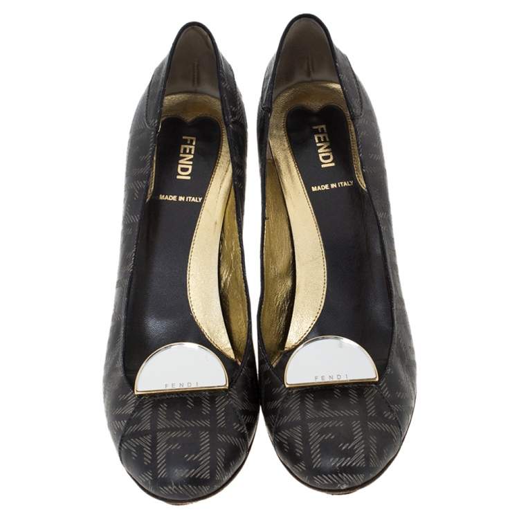 Pre Owned Fendi Dark Grey FF Engraved Leather Mirror Logo Embellished Platform Pumps Size 38.5