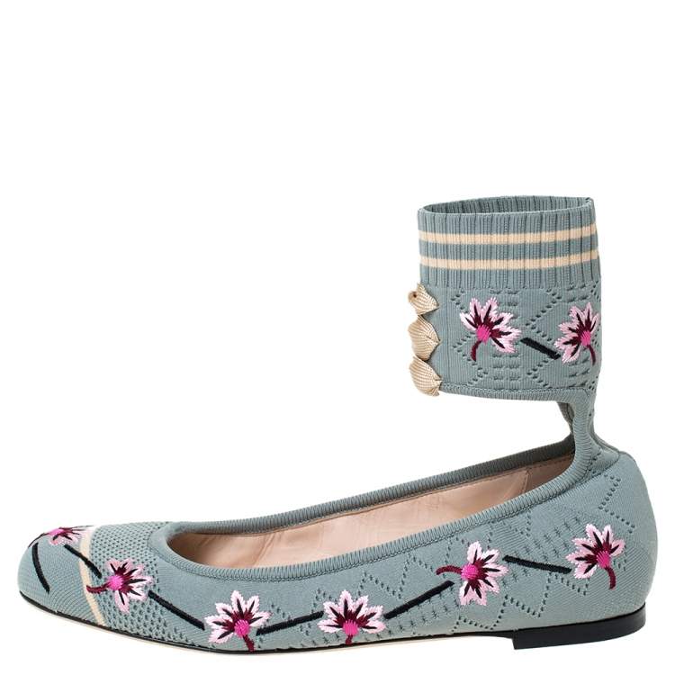 Pre Owned Fendi Blue Floral Embroidered Knit Fabric Rockoko Ankle Cuff Ballet Flat Size 37.5