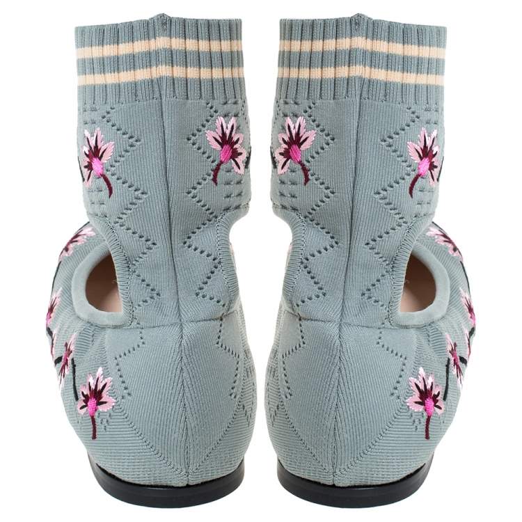 Pre Owned Fendi Blue Floral Embroidered Knit Fabric Rockoko Ankle Cuff Ballet Flat Size 37.5