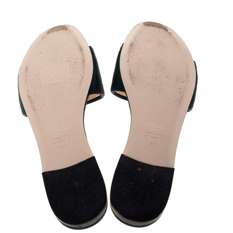 مملوكة مسبقًا Fendi Green Satin Logo Embroidered Flat Slide Sandals Size 35 