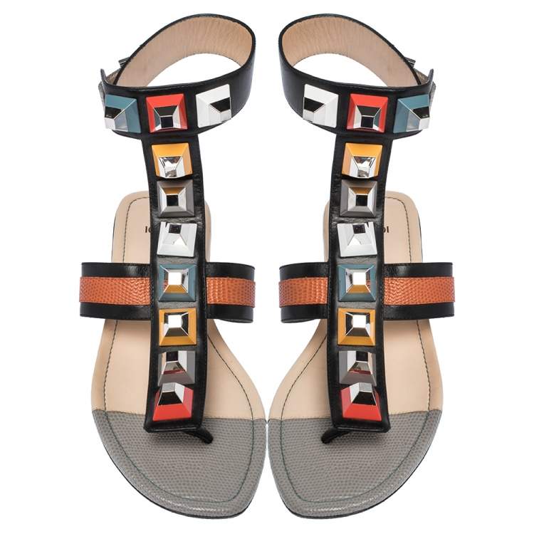 Pre Owned Fendi Multicolor Lizard Embossed Leather Studded Ankle Cuff Flat Sandals Size 38.5
