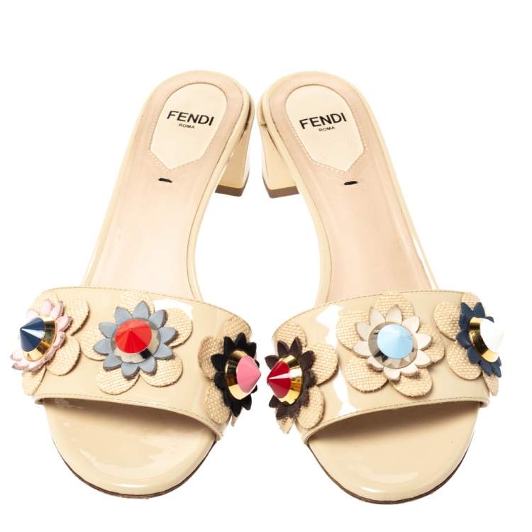 Pre Owned Fendi Beige Patent Leather Flowerland Embellished Block Heel Slides Size 36.5