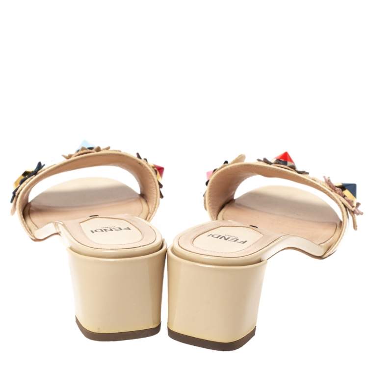 Pre Owned Fendi Beige Patent Leather Flowerland Embellished Block Heel Slides Size 36.5