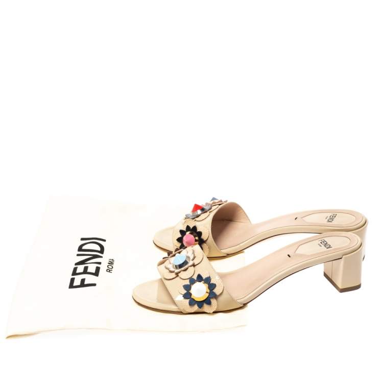 Pre Owned Fendi Beige Patent Leather Flowerland Embellished Block Heel Slides Size 36.5