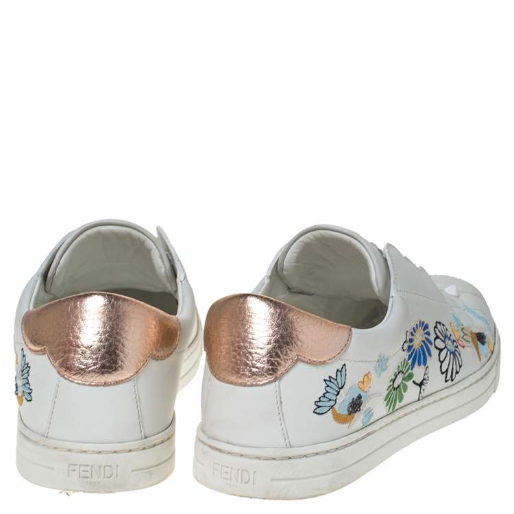 Pre Owned Fendi White Leather With Logo Knit Rockoko Scallop Detail Slip On Sneakers Size 39