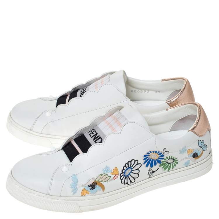 Pre Owned Fendi White Leather With Logo Knit Rockoko Scallop Detail Slip On Sneakers Size 39