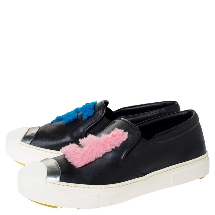 Pre Owned Fendi Black Black Leather And Shearling Fur Fflynn Slip On Sneaker Size 42