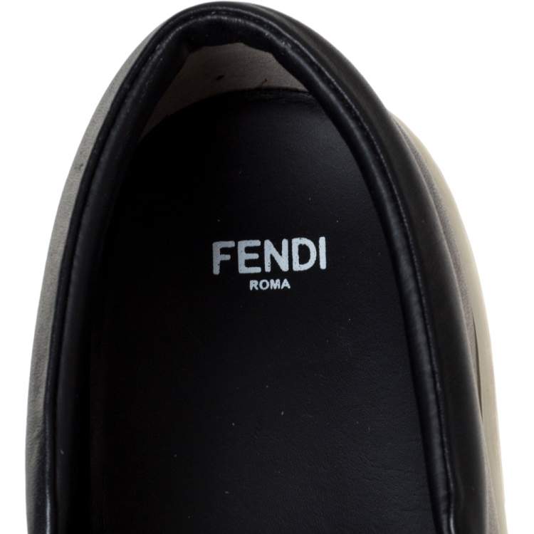 Pre Owned Fendi Black Black Leather And Shearling Fur Fflynn Slip On Sneaker Size 42