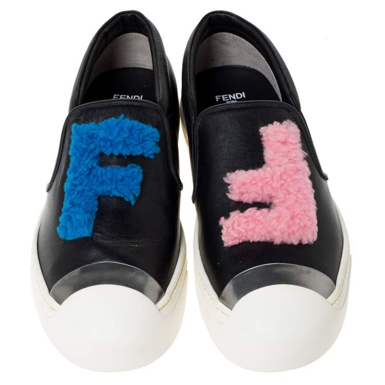 Pre Owned Fendi Black Black Leather And Shearling Fur Fflynn Slip On Sneaker Size 42