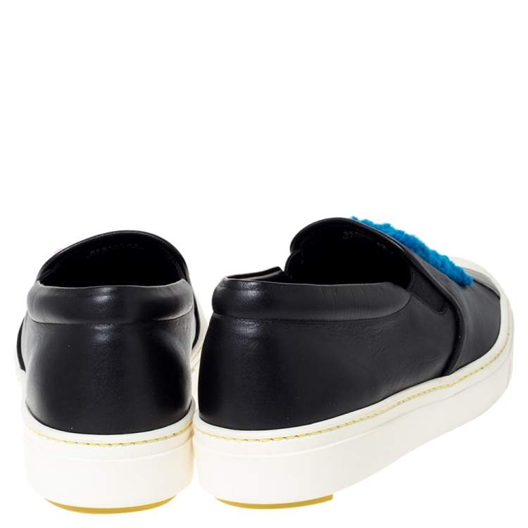 Pre Owned Fendi Black Black Leather And Shearling Fur Fflynn Slip On Sneaker Size 42