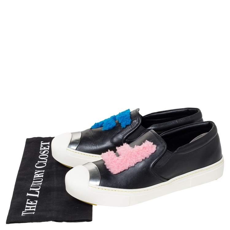 Pre Owned Fendi Black Black Leather And Shearling Fur Fflynn Slip On Sneaker Size 42
