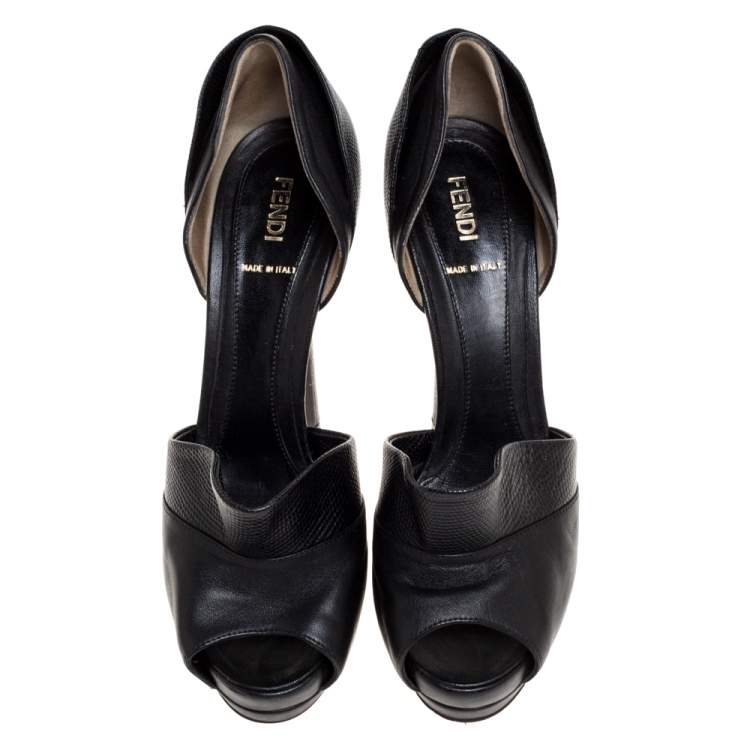 Pre Owned Fendi Black Leather And Lizard Print Anemone D'orsay Peep Toe Platform Pumps Size 38.5